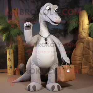 Gray Brachiosaurus mascot costume character dressed with a Culottes and Messenger bags