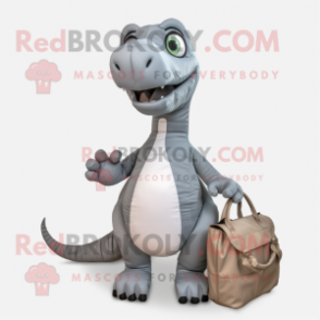 Gray Brachiosaurus mascot costume character dressed with a Culottes and Messenger bags