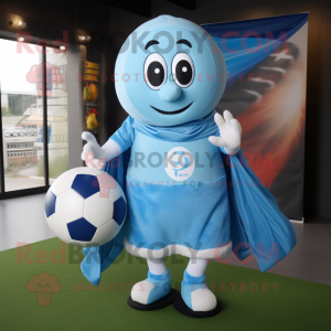 Sky Blue Rugby Ball mascot costume character dressed with a Wrap Skirt and Shawls