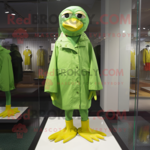 Green Canary mascot costume character dressed with a Raincoat and Shoe clips