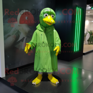 Green Canary mascot costume character dressed with a Raincoat and Shoe clips