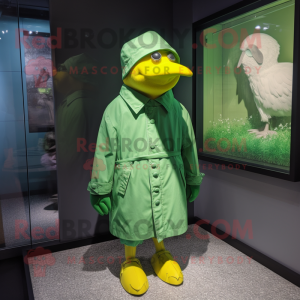 Green Canary mascot costume character dressed with a Raincoat and Shoe clips