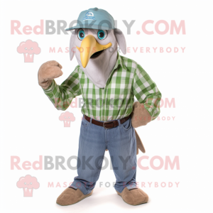 Green Bald Eagle mascot costume character dressed with a Chambray Shirt and Hat pins