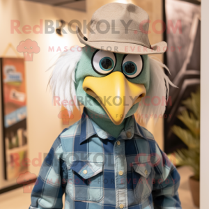 Green Bald Eagle mascot costume character dressed with a Chambray Shirt and Hat pins