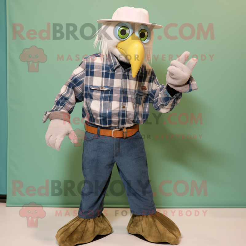 Green Bald Eagle mascot costume character dressed with a Chambray Shirt and Hat pins Green Bald Eagle mascot costume character dressed with a Chambray Shirt and Hat pins