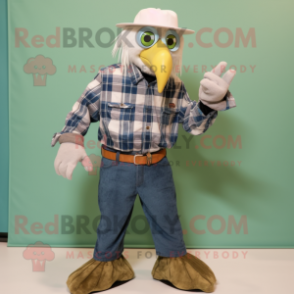 Green Bald Eagle mascot costume character dressed with a Chambray Shirt and Hat pins