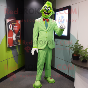 Lime Green Clown mascot costume character dressed with a Suit Jacket and Lapel pins