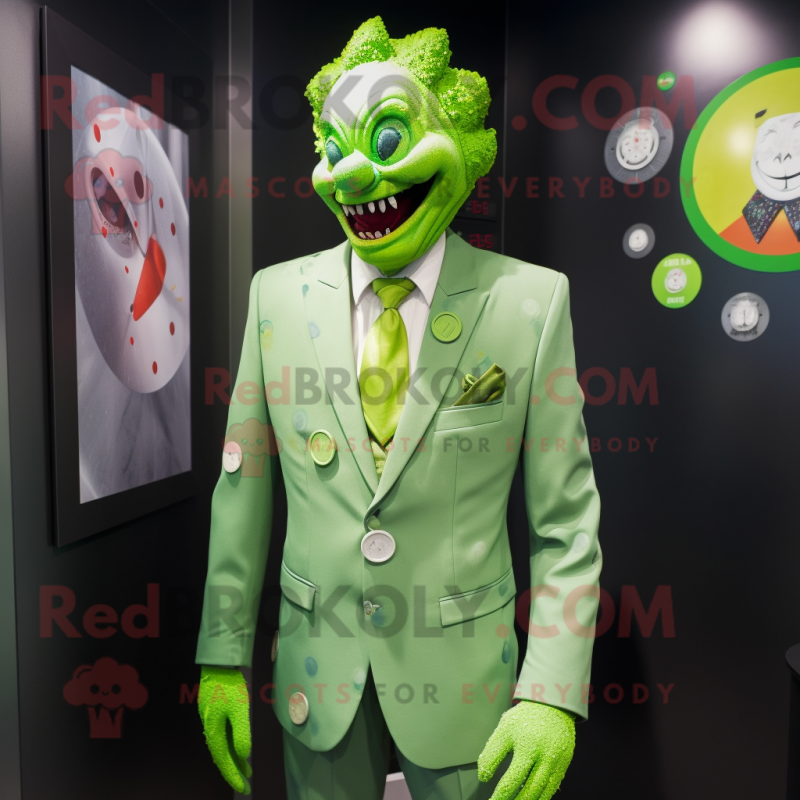 Lime Green Clown mascot costume character dressed with a Suit Jacket and Lapel pins