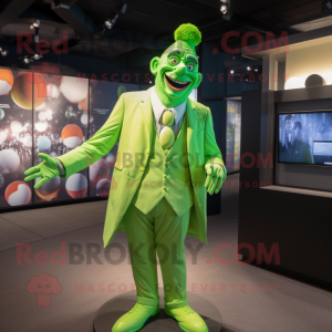 Lime Green Clown mascot costume character dressed with a Suit Jacket and Lapel pins