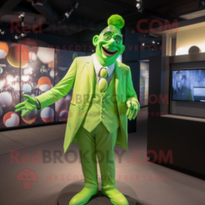 Lime Green Clown mascot costume character dressed with a Suit Jacket and Lapel pins
