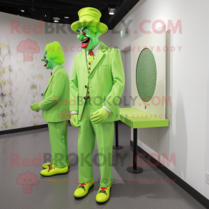 Lime Green Clown mascot costume character dressed with a Suit Jacket and Lapel pins