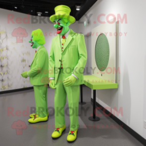 Lime Green Clown mascot costume character dressed with a Suit Jacket and Lapel pins