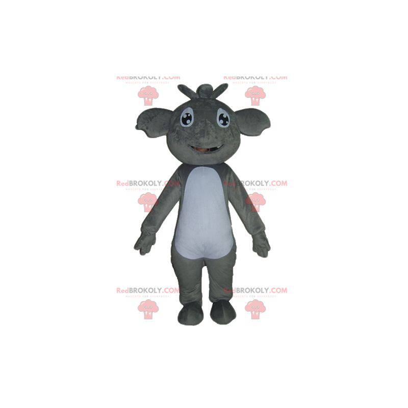 Mascote coala gigante e sorridente cinza e branco -
