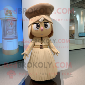 Tan Hourglass mascot costume character dressed with a Skirt and Berets