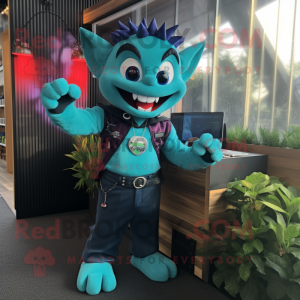 Teal Vampire mascot costume character dressed with a Dungarees and Bracelet watches