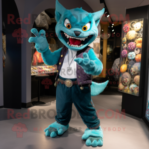 Teal Vampire mascot costume character dressed with a Dungarees and Bracelet watches