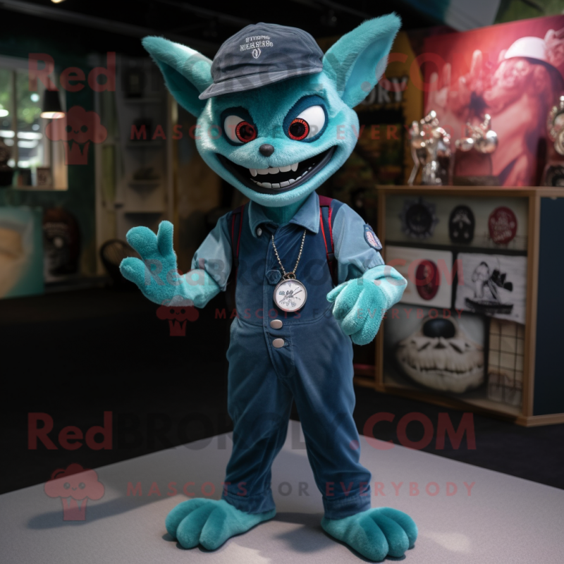 Teal Vampire mascot costume character dressed with a Dungarees and Bracelet watches