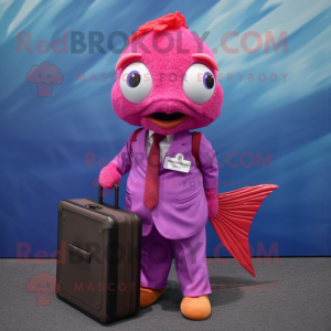 Magenta Goldfish mascot costume character dressed with a Button-Up Shirt and Briefcases