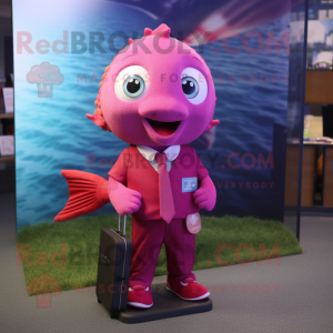 Magenta Goldfish mascot costume character dressed with a Button-Up Shirt and Briefcases