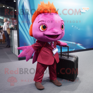 Magenta Goldfish mascot costume character dressed with a Button-Up Shirt and Briefcases