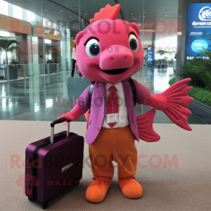 Magenta Goldfish mascot costume character dressed with a Button-Up Shirt and Briefcases