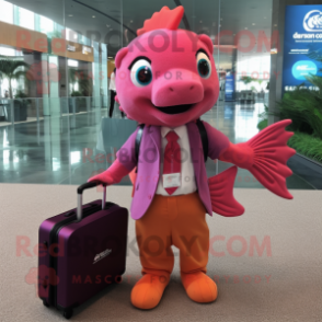 Magenta Goldfish mascot costume character dressed with a Button-Up Shirt and Briefcases