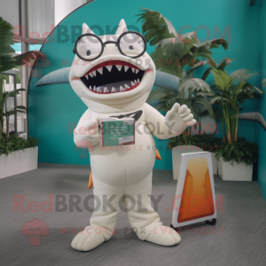 Cream Shark mascot costume character dressed with a V-Neck Tee and Reading glasses