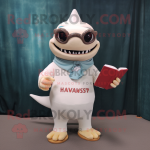Cream Shark mascot costume character dressed with a V-Neck Tee and Reading glasses