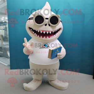 Cream Shark mascot costume character dressed with a V-Neck Tee and Reading glasses