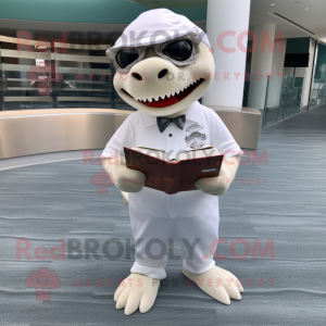 Cream Shark mascot costume character dressed with a V-Neck Tee and Reading glasses