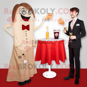 Beige Currywurst mascot costume character dressed with a Cocktail Dress and Tie pins