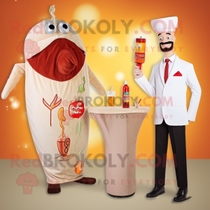 Beige Currywurst mascot costume character dressed with a Cocktail Dress and Tie pins