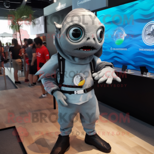Gray Ceviche mascot costume character dressed with a Graphic Tee and Digital watches