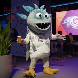 Gray Ceviche mascot costume character dressed with a Graphic Tee and Digital watches