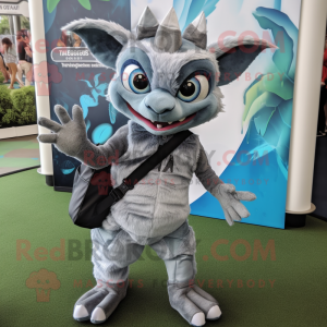 Silver Chupacabra mascot costume character dressed with a Skirt and Messenger bags