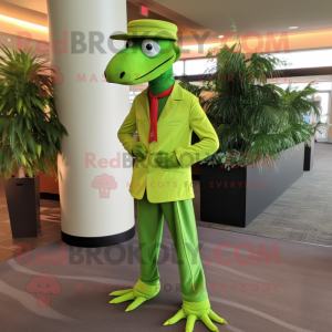 Lime Green Dimorphodon mascot costume character dressed with a Dress Pants and Berets