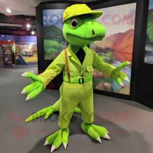 Lime Green Dimorphodon mascot costume character dressed with a Dress Pants and Berets