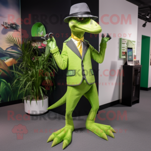 Lime Green Dimorphodon mascot costume character dressed with a Dress Pants and Berets