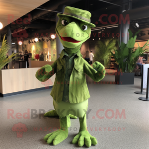 Lime Green Dimorphodon mascot costume character dressed with a Dress Pants and Berets