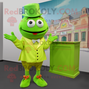 Lime Green Jambalaya mascot costume character dressed with a Shift Dress and Pocket squares