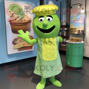 Lime Green Jambalaya mascot costume character dressed with a Shift Dress and Pocket squares