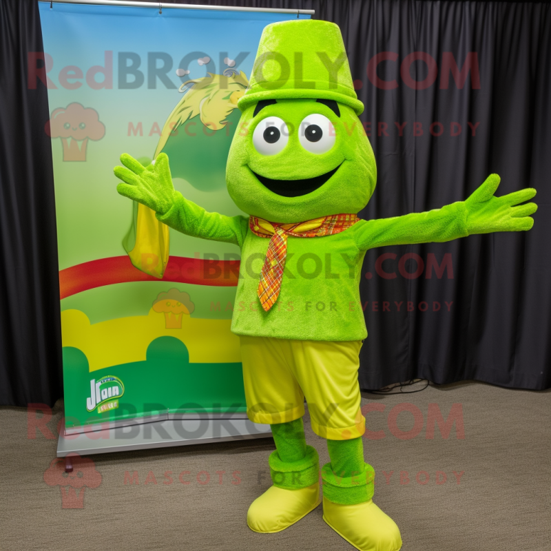Lime Green Jambalaya mascot costume character dressed with a Shift Dress and Pocket squares Lime Green Jambalaya mascot costume character dressed with a Shift Dress and Pocket squares