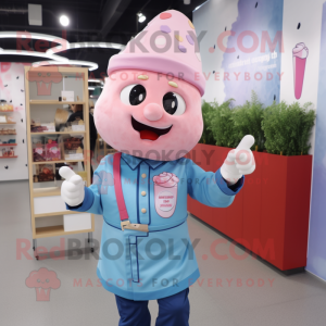 Pink Ice Cream mascot costume character dressed with a Chambray Shirt and Wraps