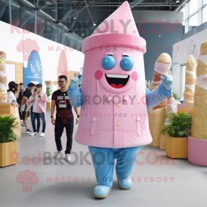 Pink Ice Cream mascot costume character dressed with a Chambray Shirt and Wraps