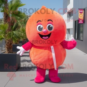 Magenta Grapefruit mascot costume character dressed with a Jumpsuit and Keychains