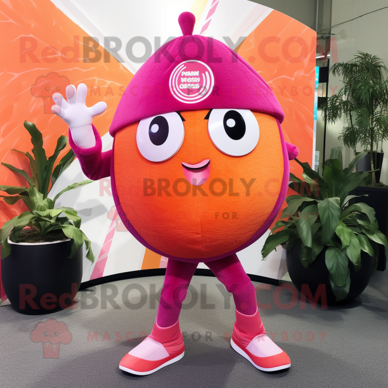 Magenta Grapefruit mascot costume character dressed with a Jumpsuit and Keychains