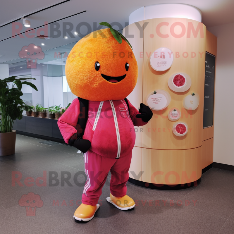 Magenta Grapefruit mascot costume character dressed with a Jumpsuit and Keychains