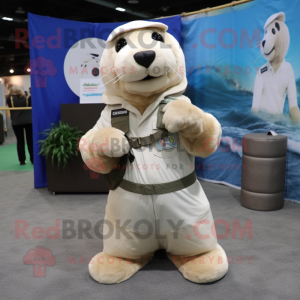 White Sea Lion mascot costume character dressed with a Cargo Pants and Hair clips
