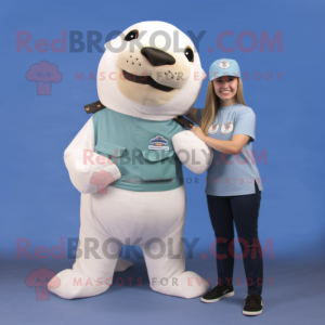 White Sea Lion mascot costume character dressed with a Cargo Pants and Hair clips