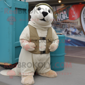 White Sea Lion mascot costume character dressed with a Cargo Pants and Hair clips
